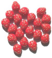 20 14mm Opaque Red and Gold Ladybug Beads